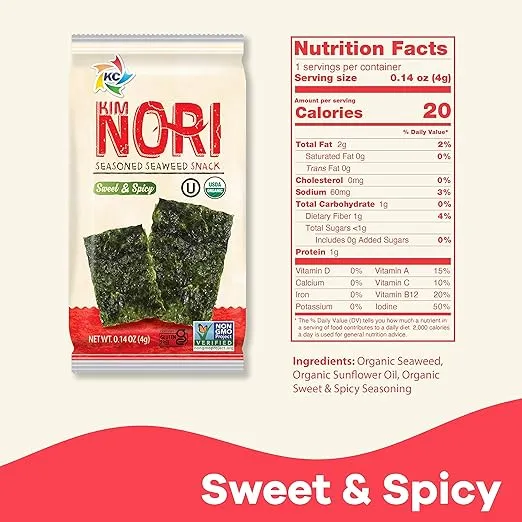 KIMNORI Seasoned Seaweed Snacks Sheets – Organic Sweet 'N Spicy Flavor 24 Individual Packs Roasted Crispy Premium 100% Natural Laver Kim Nori 4g 0.14 Ounce 김 のり 海苔 紫菜