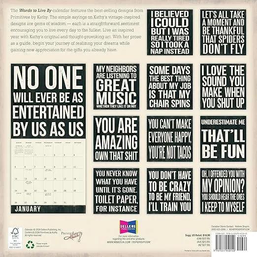 Words to Live By 2025 Wall Calendar — Primitives by Kathy, 16-Month Inspirational Calendar, 12" x 12"