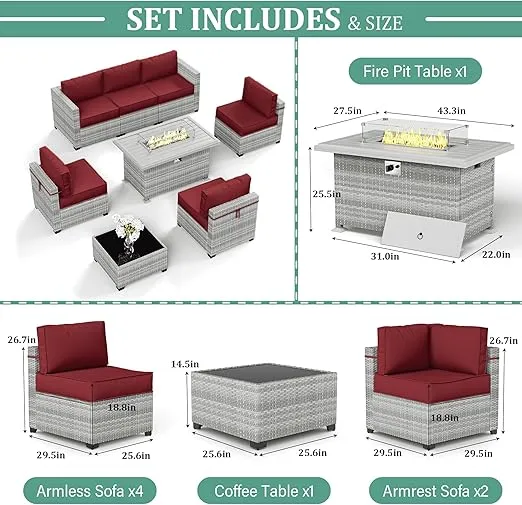 8-Piece Patio Furniture Set With Fire Pit Table, With 5" High-Resiliency Seat Cushions Light Grey Outdoor Modular Wicker Conversation Set, With 43in 55,000 Btu Propane Gas Fire Pit Table,Burgundy
