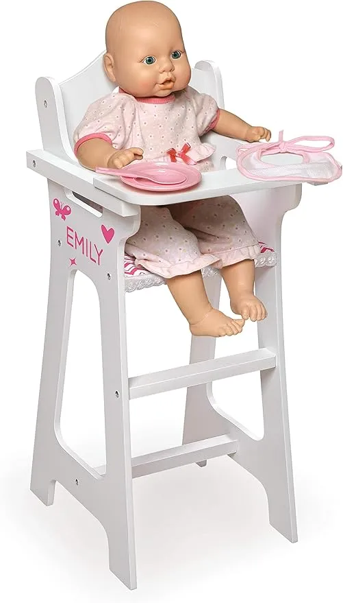 Badger Basket Chevron Doll High Chair with Plate, Bib, and Spoon – Ideal for Feeding 18-Inch Dolls in White and Pink