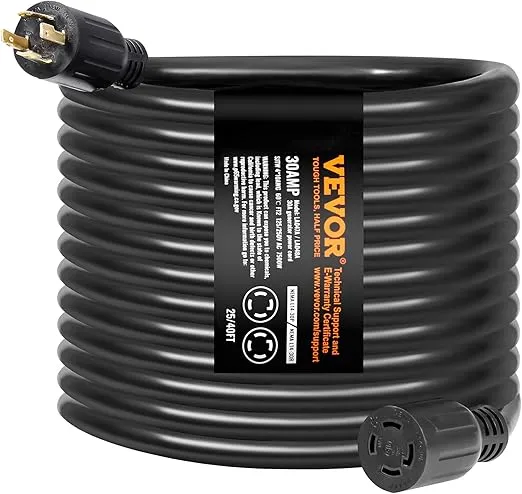 VEVOR 30 Amp Generator Cord and Power Inlet Box Kit, 25 FT Generator Extension Cord NEMA L14-30P/L14-30R STW 10 AWG with Twist Lock Connector, Pre-Drilled Inlet Box, ETL Listed