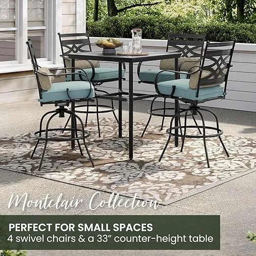 Hanover Montclair All-Weather 5-Piece Outdoor Dining Set, 4 Cushioned Swivel Counter-Height Chairs and 33" Square Rectangle Table, High Top Patio Dining Set for 4 for Backyard, Deck, Patio