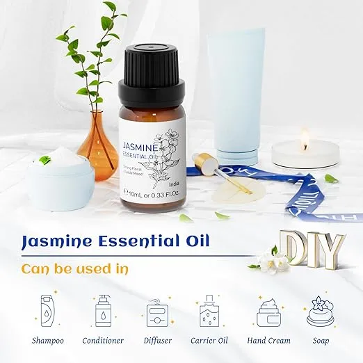 HIQILI 0.33 Fl Oz Jasmine Essential Oil, Air Freshener, Skin Care, Aids Relaxation, Can be Added to Diffusers, Body Lotions, Aromatherapy for Use - 10ML