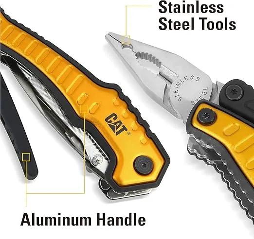 Caterpillar Multi Function Tool 9-in-1, X-Large, Long Nose Pliers, Wire Cutter, Knife, Bottle Opener, Screwdriver, Saw Blade, with Pouch - Yellow 980045