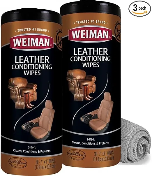Weiman 3-In-1 Leather Cleaner & Conditioner Wipes with Microfiber Towel for Leather Couches, Automotive Interior, Boots, Handbags, Shoes, Horse Saddles & More (2 Pack)