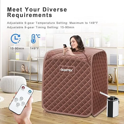 Giantex Portable Sauna, Sauna Box 3L Steam Box Remote Control, 9 Adjustable Temperature & Timer, Foot Roller, Mat & Foldable Chair, Steam Sauna for Single Person, Personal Sauna Tent for Home, Coffee
