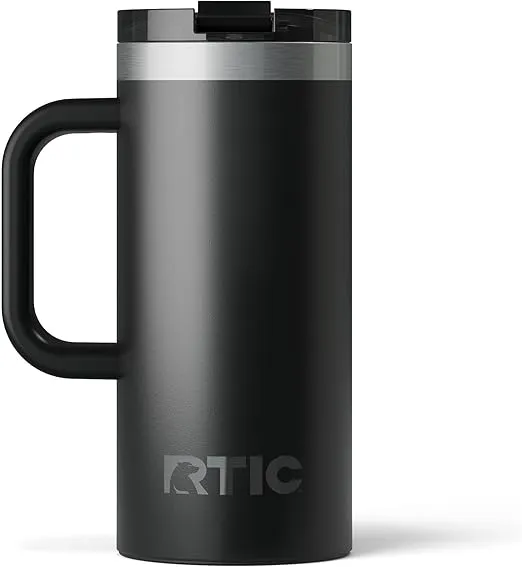 RTIC 16oz Road Trip Travel Mug with Lid and Handle, Insulated, Stainless Steel, Metal, Double Wall Vacuum-Insulation, Ceramic Lined, Portable Coffee, Tea Cup for Hot and Cold Drink, Black