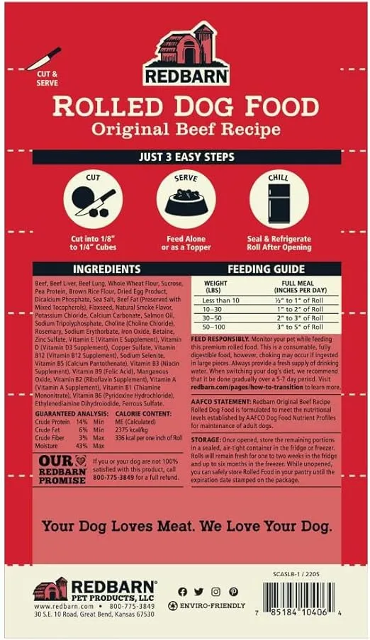 Redbarn Premium Rolled Dog Food, Semi-Moist, Beef Recipe - High Protein Full Feed, Topper, Training Treat, or Pill Pouch - Balanced Meal with Functional Ingredients - 4 lb. (8 Rolls)