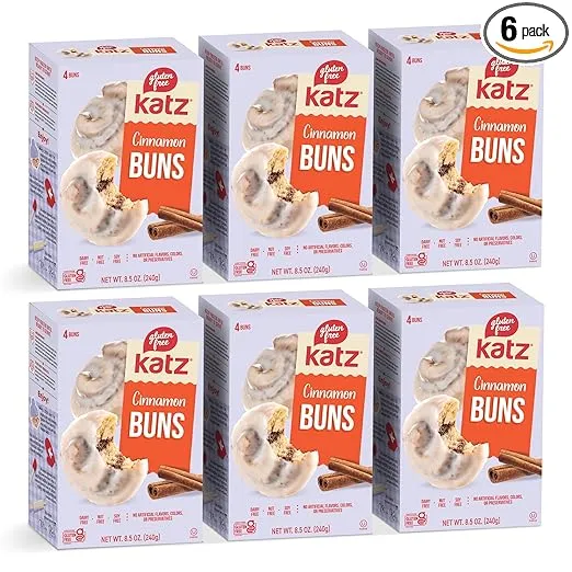Katz Gluten Free Cinnamon Buns. Fresh Baked buns Made With Real Cinnamon and Covered In A Sweet Glaze. Grain Free. Tree Nut Free, Peanut Free. Dairy Free. Soy Free. Kosher. 4 Individually Wrapped Cinnamon Buns 8.5 oz. (Pack of 6)