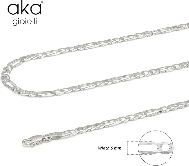 Aka Gioielli - Italian 925 Sterling Silver 5mm Diamond-Cut Figaro Link Chain - Solid Sterling Silver Necklace for Men and Women - Made in Italy