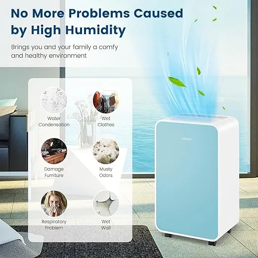 COSTWAY 2500 Sq. Ft Dehumidifier for Basement, 32 Pints Portable Quiet Dehumidifier with Sleep Mode, 24H Timer, Auto Shut Off, Auto Defrost & Drain Hose for Basement Bathroom (Navy)