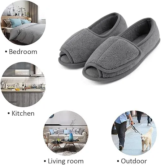 Git-up Diabetic Slippers for Women Memory Foam Arthritis Edema Adjustable Open Toe Swollen Feet Slippers Bedroom House Indoor Outdoor Shoes with Rubber Sole