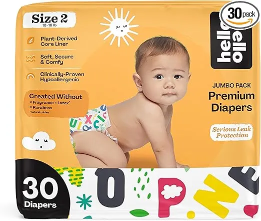 Hello Bello Premium Baby Diapers Size 2 I 30 Count of Disposable, Extra-Absorbent, Hypoallergenic Baby Diapers with Snug and Comfort Fit I Alphabet Soup
