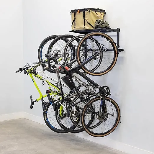 Teal Triangle G-Swivel Bike Wall Mount with Shelf, 4 Bike Rack Garage Organizer, Rotating Bike Storage Hooks Hold 300 lbs, 46" x 13.75" x 16"