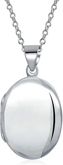 Bling Jewelry Simple Plain Dome Oval Circle Traditional Keepsake .925 Silver Necklace Pendant Personalized Engrave Photo Locket for Women Teens Holds Photos Pictures Small Medium Large