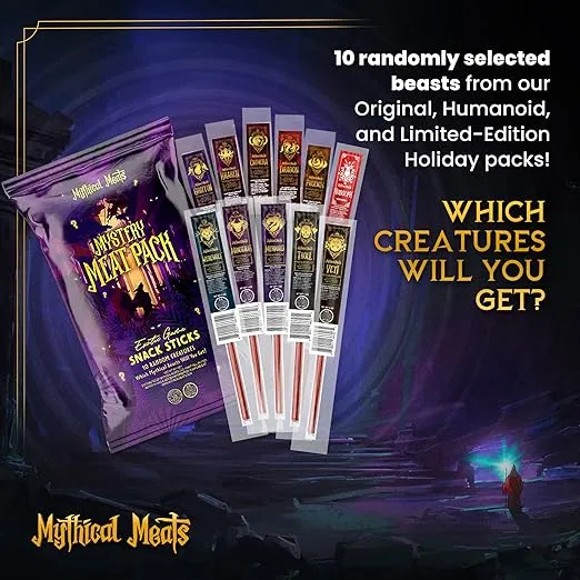 Mythical Meats Mystery Meat Random Flavor Sampler Pack – 10 Random Exotic Game and Beef Snack Sticks – Dried & Dehydrated Meats Seasoned to Perfection – High Protein Snacks Keto Friendly