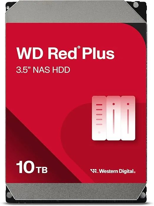 Western Digital 10TB WD Red Plus NAS Internal Hard Drive HDD - 7200 RPM, SATA 6 Gb/s, CMR, 256 MB Cache, 3.5" - WD101EFBX