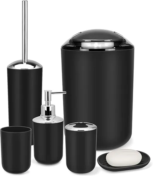 IMAVO Bathroom Accessories Set, 6-Piece Plastic Gift Set, Toothbrush Holder, Toothbrush Cup, Soap Dispenser, Soap Dish, Toilet Brush Holder, Trash can (Black)