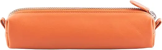 Leather Zippered Fountain Ballpoint Rollerball Pens and Pencils Case Holder Pouch Genuine Full Grain Soft Nappa Leather (Orange)