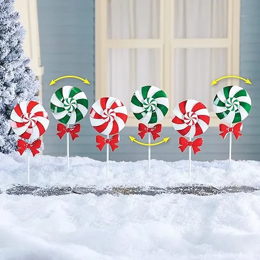 Collections Etc Red Bow Peppermint Wind Spinner Garden Stakes - Set of 6