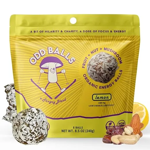 ODD BALLS Organic Energy Balls Lemon - Superfood Mushroom Snack - Running, Cycling, Hiking - Gels, Bars Alternative - Lion's Mane Focus, Cordyceps Energy - Vegan, Gluten Free Snacks for Kids & Adults