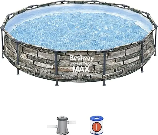 Bestway 56817E 12' x 30" Steel Pro Max Round Steel Frame 5-Person 1,710 Gallon Above Ground Swimming Pool Kit with Filter Pump and Filter, Stone Print