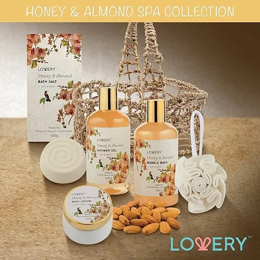 Womens Gifts for Christmas Gift Baskets for Women Who Have Everything, Home Spa Honey & Almond Scent - Luxury Bath & Body Set With Shower Gel, Bubble Bath, Body Lotion, Bath Salt, Bath Bomb, Bath Puff