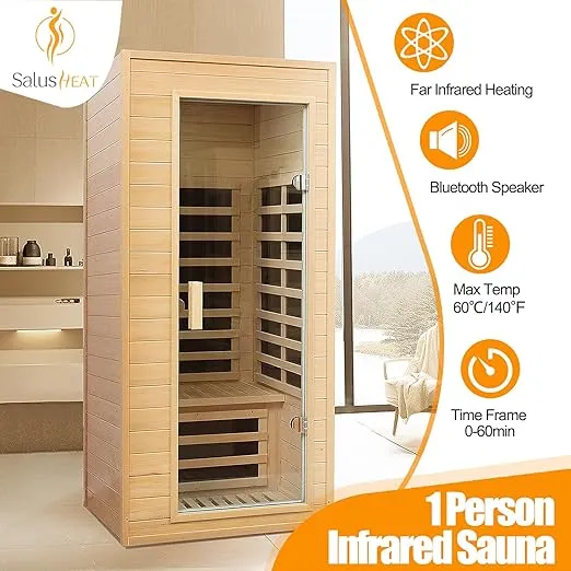 Far Infrared Sauna, 1 Person Infrared Sauna, Canadian Hemlock Wood 1290W Low-EMF Infrared Saunas for Home with Control Panel, Bluetooth Speakers, Reading Lamp