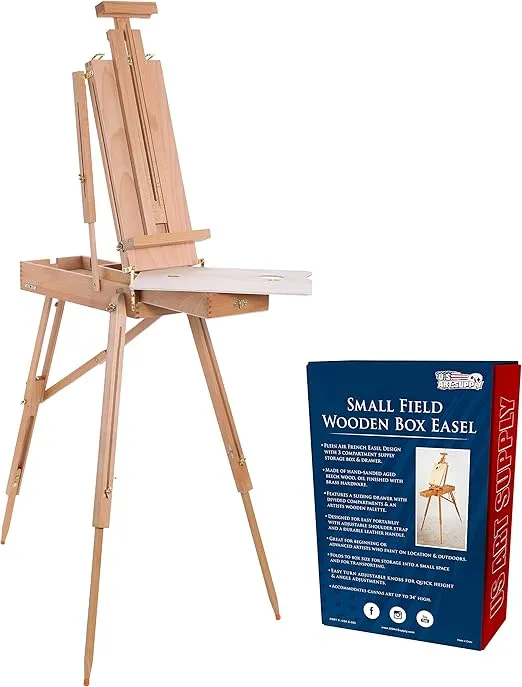 U.S. Art Supply Coronado Small Box Wooden French Style Field and Studio Sketchbox Easel with Drawer, Beechwood, Artist Palette - Adjustable Wood Tripod Easel Stand, Painting, Sketching, Canvas Display