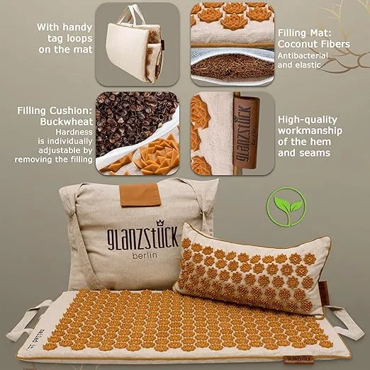 Glanzstück Berlin® Acupressure Mat Set Premium, Beginner Suitable, Made of Linen, Neck and Back Pain Relief, with Pillow (Heat Function) & Bag, Sustainable