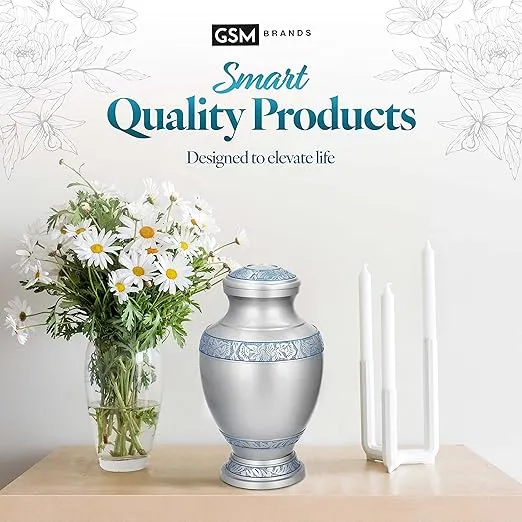 GSM Brands Cremation Urn for Adult Human Ashes - Large Handcrafted Funeral Memorial with Elegant Silver Design (Aluminum - 12 Inch Height x 7 Inch Width)
