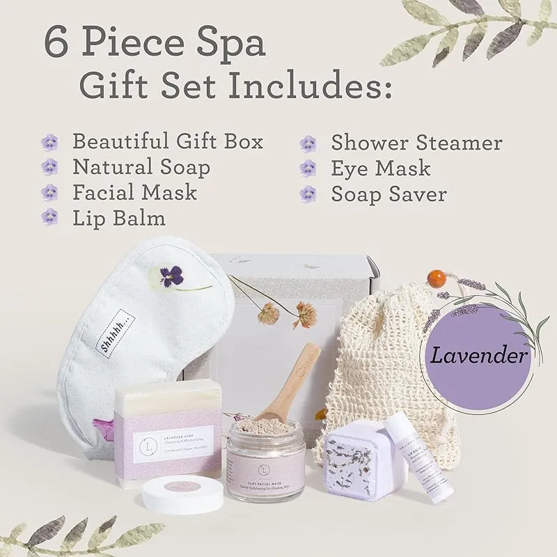 Lizush Luxury Spa Gifts for Women - 6 Piece Lavender Gift Baskets for Women, Christmas Gifts for Mom, Birthday Box For Women, Self Care Spa Kit For Wife - Handmade In The USA