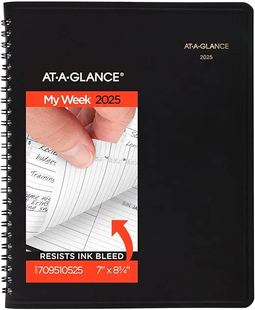 AT-A-GLANCE 2025 Appointment Book Planner, Weekly, 7" x 8-3/4", Medium, Quarter-Hourly, Black (709510525)