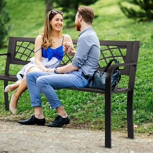 Metal Outdoor Patio Bench with Armrests Black Park Bench Cast Iron Sturdy Steel Frame Furniture Chair for Garden Park Yard Front Porch Path Lawn Work Entryway, 400lbs