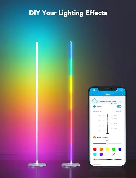 Govee RGBIC Floor Lamp, LED Corner Lamp Works with Alexa, Smart Modern Floor Lamp with Music Sync and 16 Million DIY Colors, Color Changing Standing Floor Lamp for Bedroom Living Room Silver