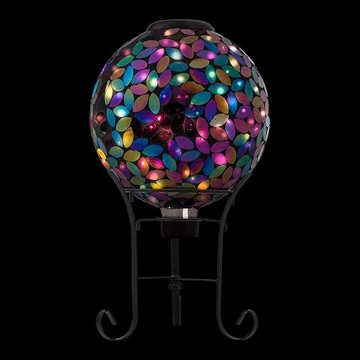 Alpine Corporation GRS122A-SLR Indoor/Outdoor Glass Solar Powered Mosaic Gazing Globe Yard Decoration, 10", Purple