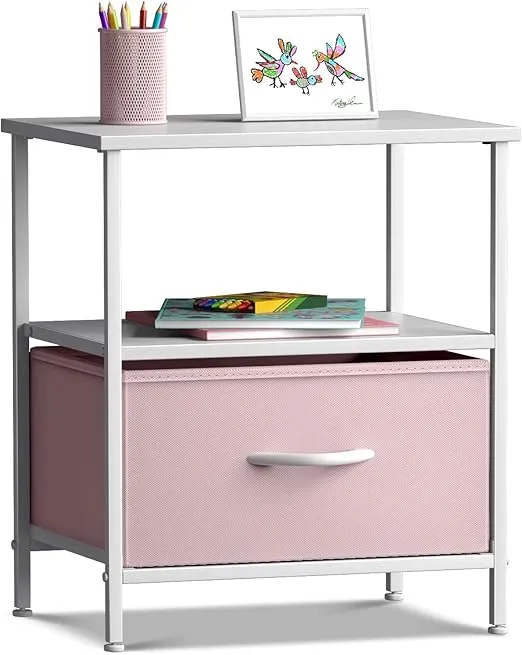 Sorbus 1 Drawer Shelf Storage Nightstand - Kids Bedside Furniture End Table Night Stand with Steel Frame Wood Top & Easy Pull Fabric Bins. Dresser & Chest for Home Bedroom Accessories Office & College