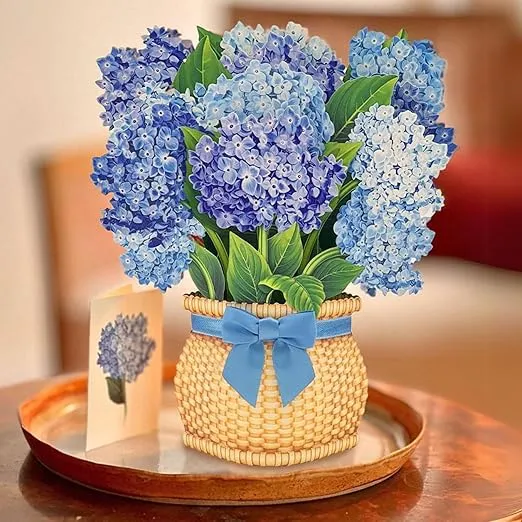 Freshcut Paper Pop Up Cards, Paper Flower Bouquet 3D Popup Greeting Cards with Note Card & Envelope, Birthday Card, Anniversary Card, Get Well Gifts for Women, 12" Nantucket Hydrangeas