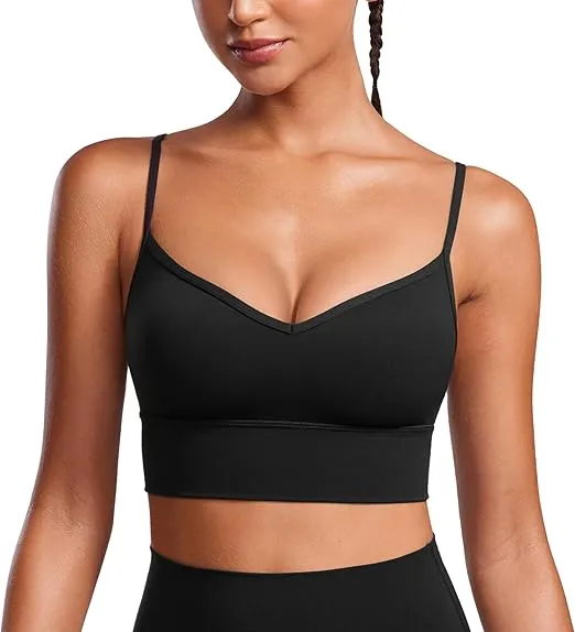 CRZ YOGA Womens Butterluxe Sweetheart Longline Sports Bra - V Neck Adjustable Thin Strap Yoga Bra Camisole Padded Crop Top