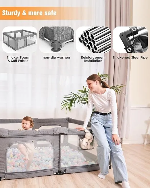 Dearlomum Foldable Baby Playpen,Collapsible Playpen for Babies and Toddlers, Extra Large Foldable Playpen for Baby with gate, Baby Activity Center with Fence, Travel Play Pen (Gray 59"×71")