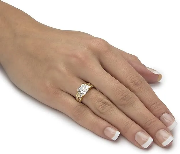 PalmBeach Jewelry Yellow Gold-Plated or Platinum-Plated Sterling Silver Princess Cut Cubic Zirconia Bridal Ring Set
