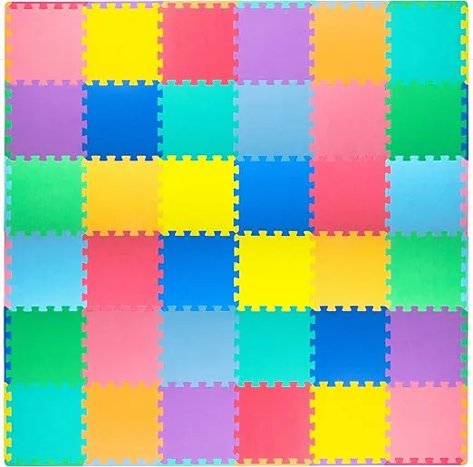 ProSource Foam Puzzle Floor Play Mat for Kids and Babies with Solid Colors, 36 or 16 Interlocking Tiles with Borders, White/Grey/Beige