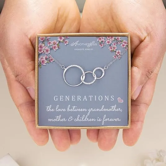 Generations Necklace for Grandma Gift - Sterling Silver Infinity 3 Circle CZ Necklace Mom Granddaughter Grandson Mothers Day Jewelry Birthday Gifts