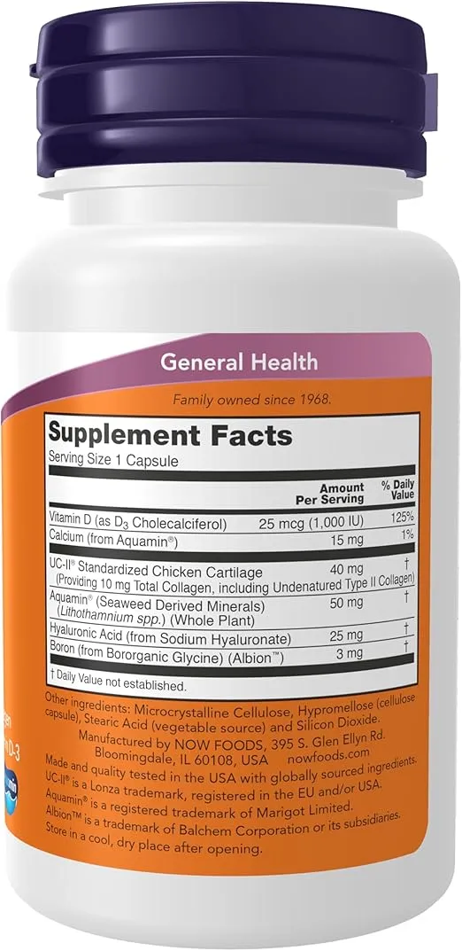 NOW Foods Supplements, UC-II Advanced Joint Relief with Undenatured Type II Collagen, plus Hyaluronic Acid, Boron, Vitamin D-3, 60 Veg Capsules