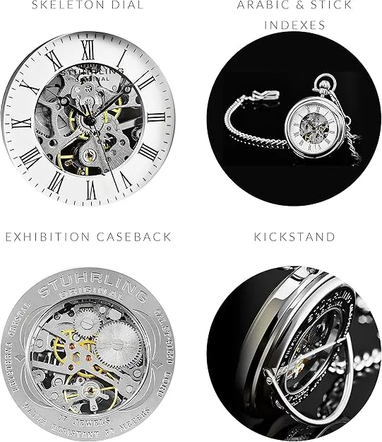 Stuhrling Original Men's Pocket Watch Stainless Steel Analog Skeleton Watch Hand Wind Mechanical Movement Stainless Steel Chain