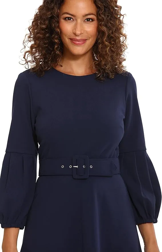 London Times Women's Belted Fit and Flare Pleated Blouson Sleeve Midi Scuba Crepe Dress Polished Chic Career