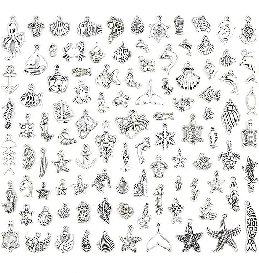 JIALEEY Wholesale 100 Pieces Mix Antique Silver Charm Pendant Collection DIY Jewelry Supply for Necklace Bracelet Dangle Jewelry Making and Crafting, Sea Animals Styles