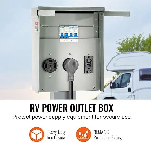 VEVOR Temporary Power Outlet Panel, Weatherproof RV Electrical Breaker Box with a 20/30/50 Amp Receptacle Installed, Prewired Circuit NEMA 14-50R/NEMA TT-30R / 20A GFCI for RV Camper Trailer Motorhome