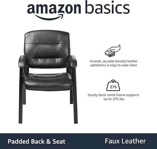 Amazon Basics Classic Faux Leather Office Desk Guest Chair with Metal Frame, Black, 27.4D x 23.6W x 35.8H in