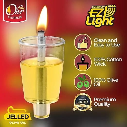 Pre-Filled Menorah Oil Cup Candles - Hanukkah Candles EZ Lights - Jelled 100% Olive Oil with Cotton Wick in Plastic Cup - Medium Size, 44 per Pack, Burns Approx. 2 1/2 Hrs